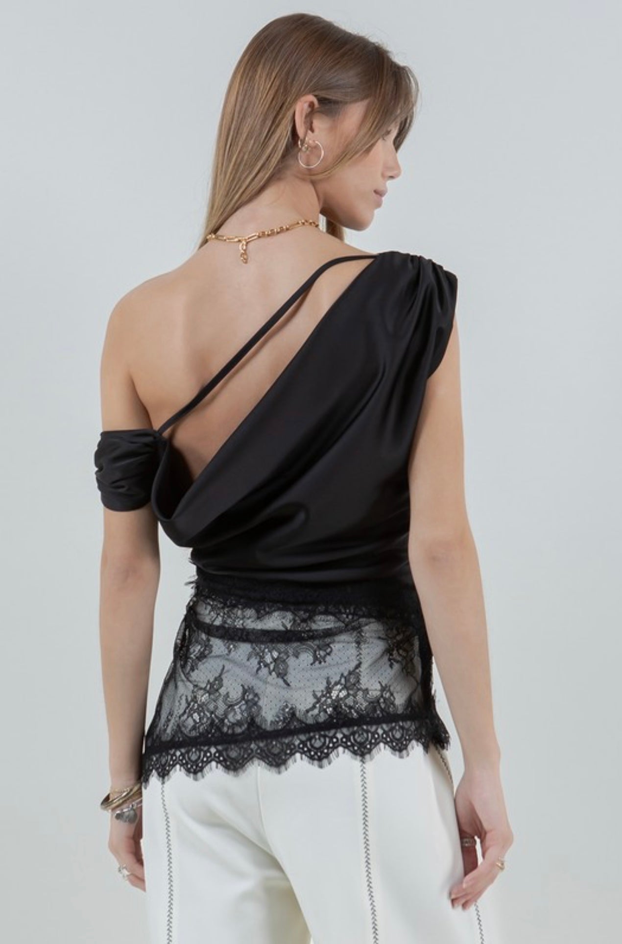 Assymetrical satin lace top