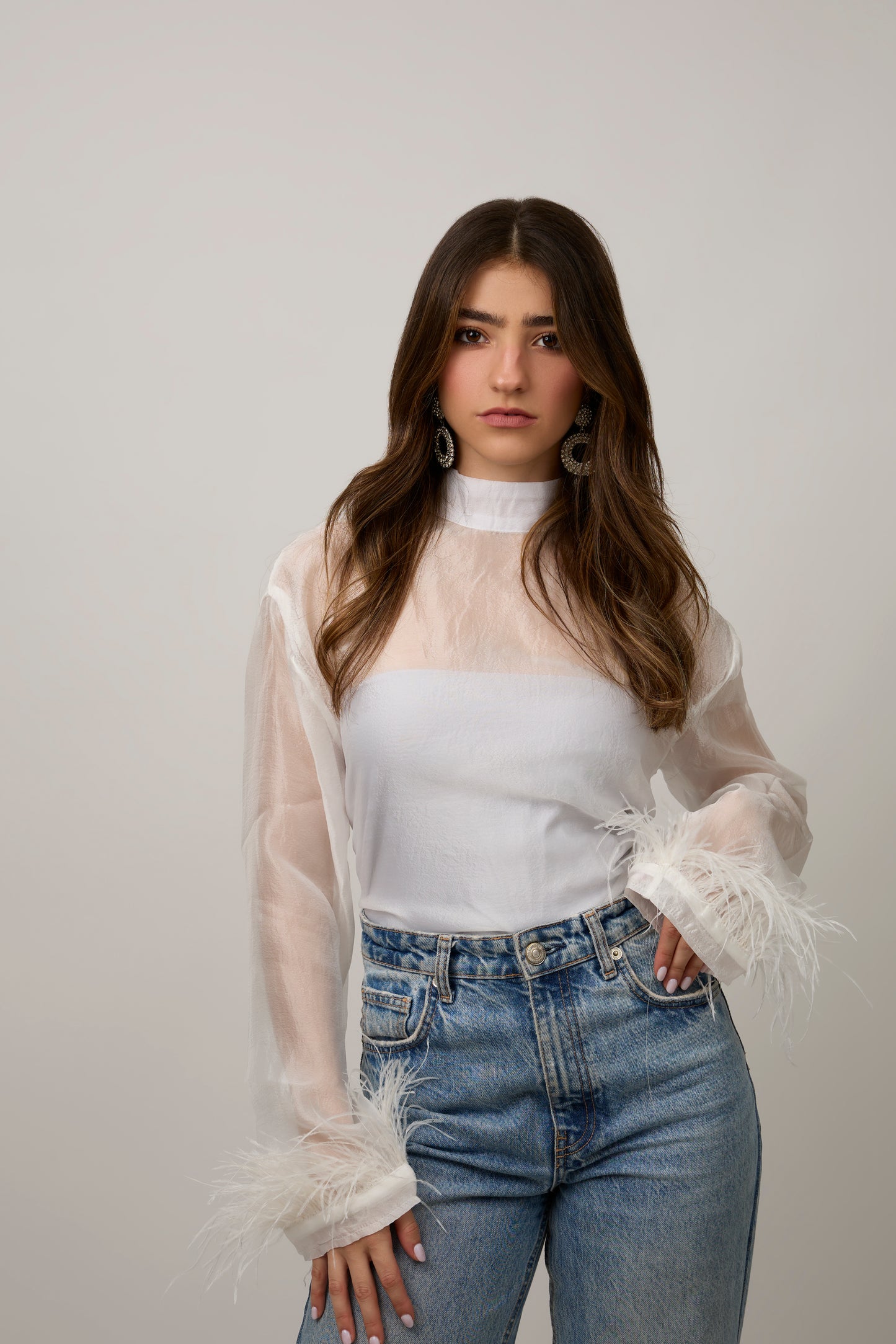 White feather holiday blouse