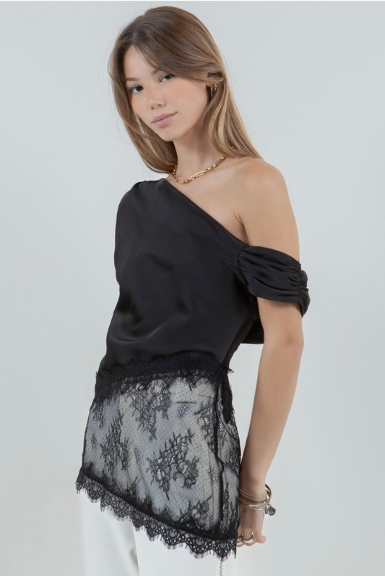 Assymetrical satin lace top
